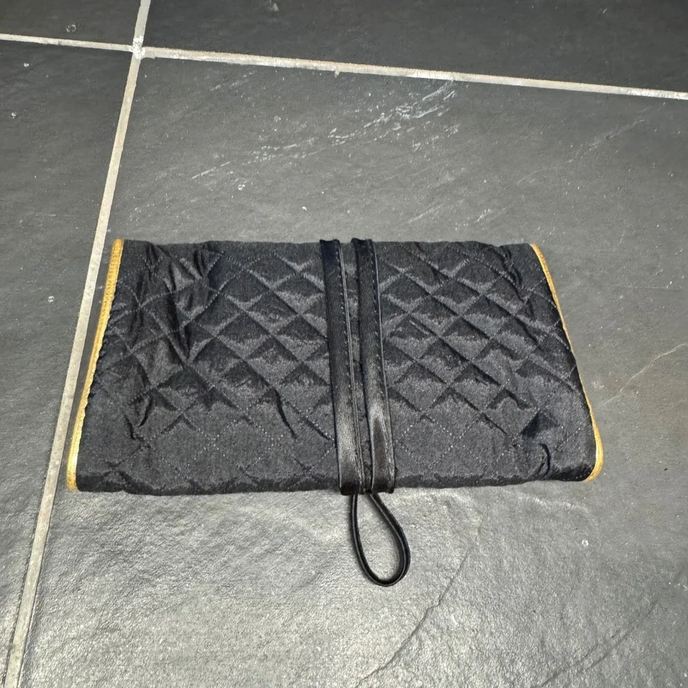 Schildkraut Black Quilted Jewelry Roll Travel Organizer Gold Trim Ribbon Tie